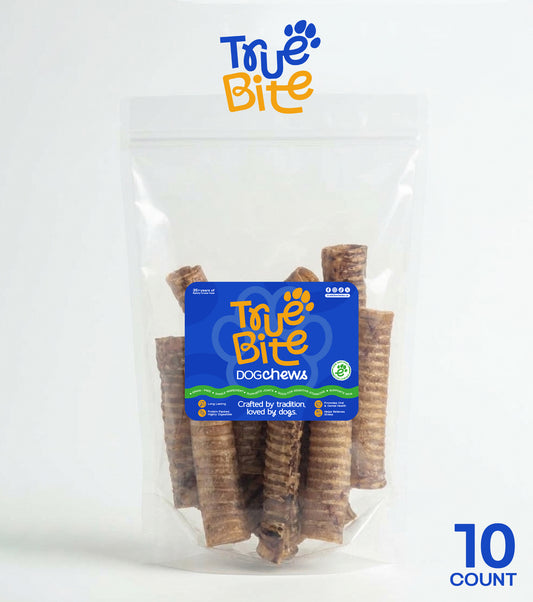 A clear stand-up pouch containing 10 brown textured dog chews, with a blue and orange True Bite Dog Chews label on the front. The True Bite logo is printed above the bag, and a blue '10 COUNT' badge is in the bottom right corner, all on a clean white background.